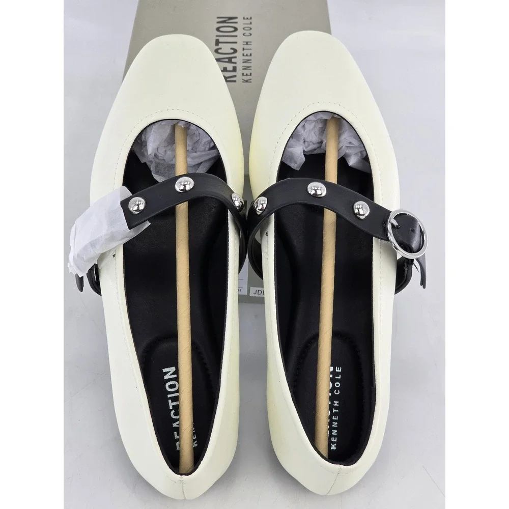 Kenneth Cole Reaction Maxi Flats Womens 8 Ecru Black Studded Mary Jane - New